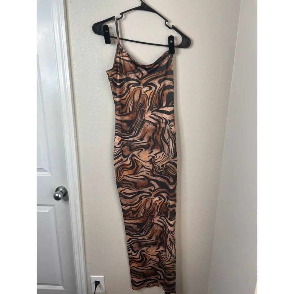 Made U Look Brown Black Swirl Animal Print Slit Maxi Dress Medium Y2K